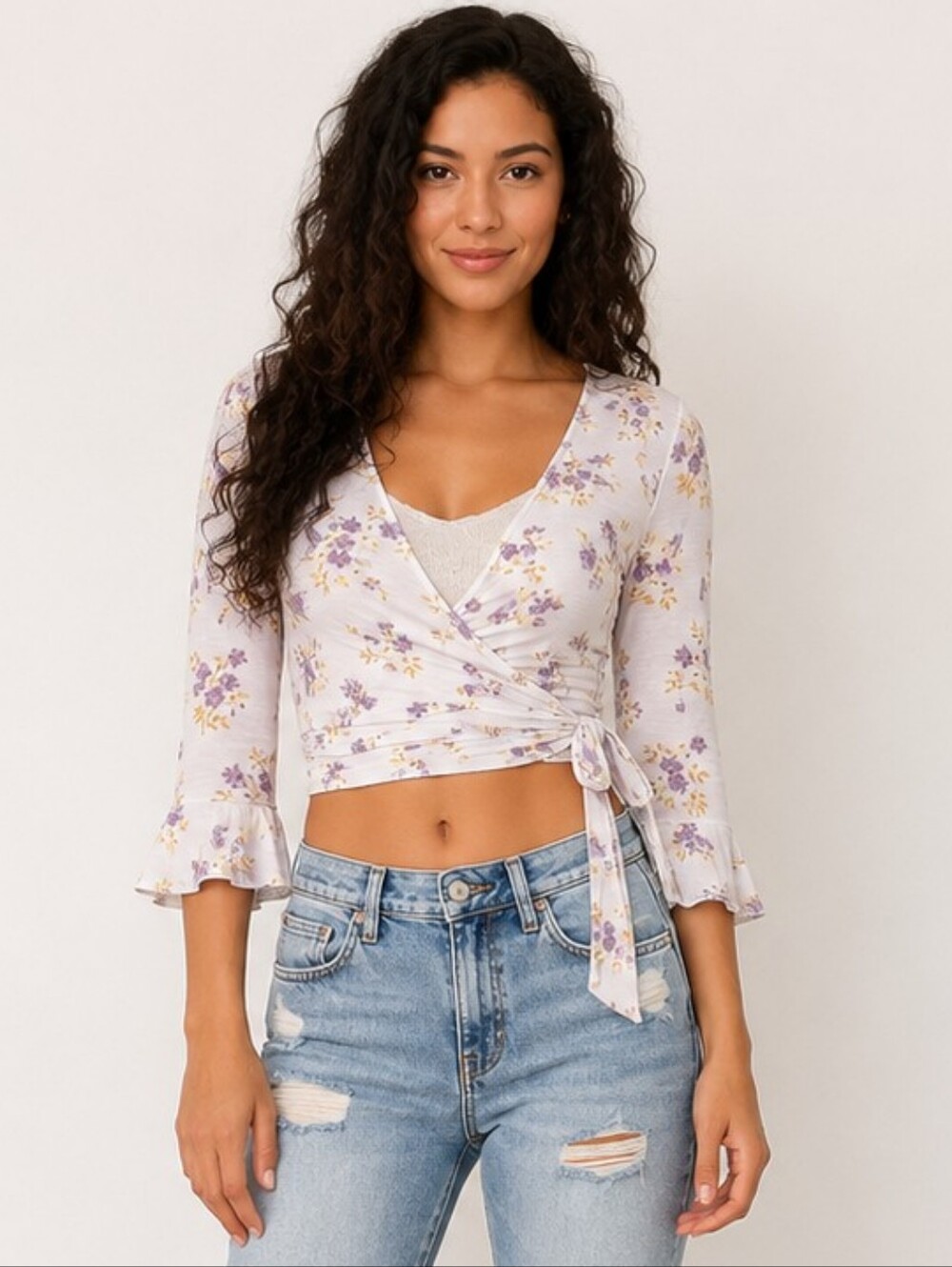 American Eagle Soft & Sexy Floral Wrap Tie Bell Sleeve Crop Top Size S
